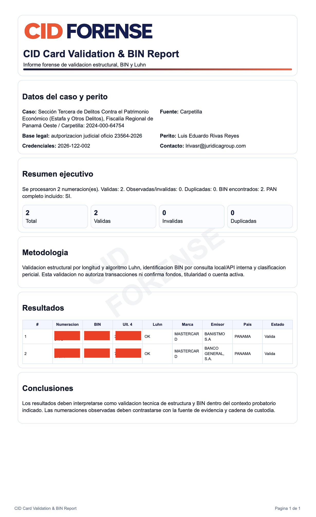 Reporte de validación forense de tarjetas